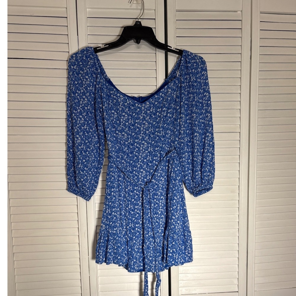 B. Darlin Blue Floral Mini Dress Long Sleeve Sweetheart Neck Ruffle Hem 5/6